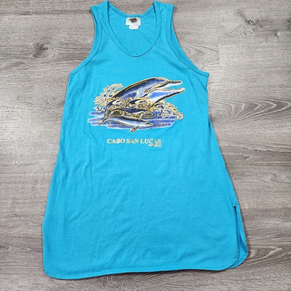 CABO SAN LUCAS MEXICO Blue Tank Dress Dolphin Ocean Graphic Medium